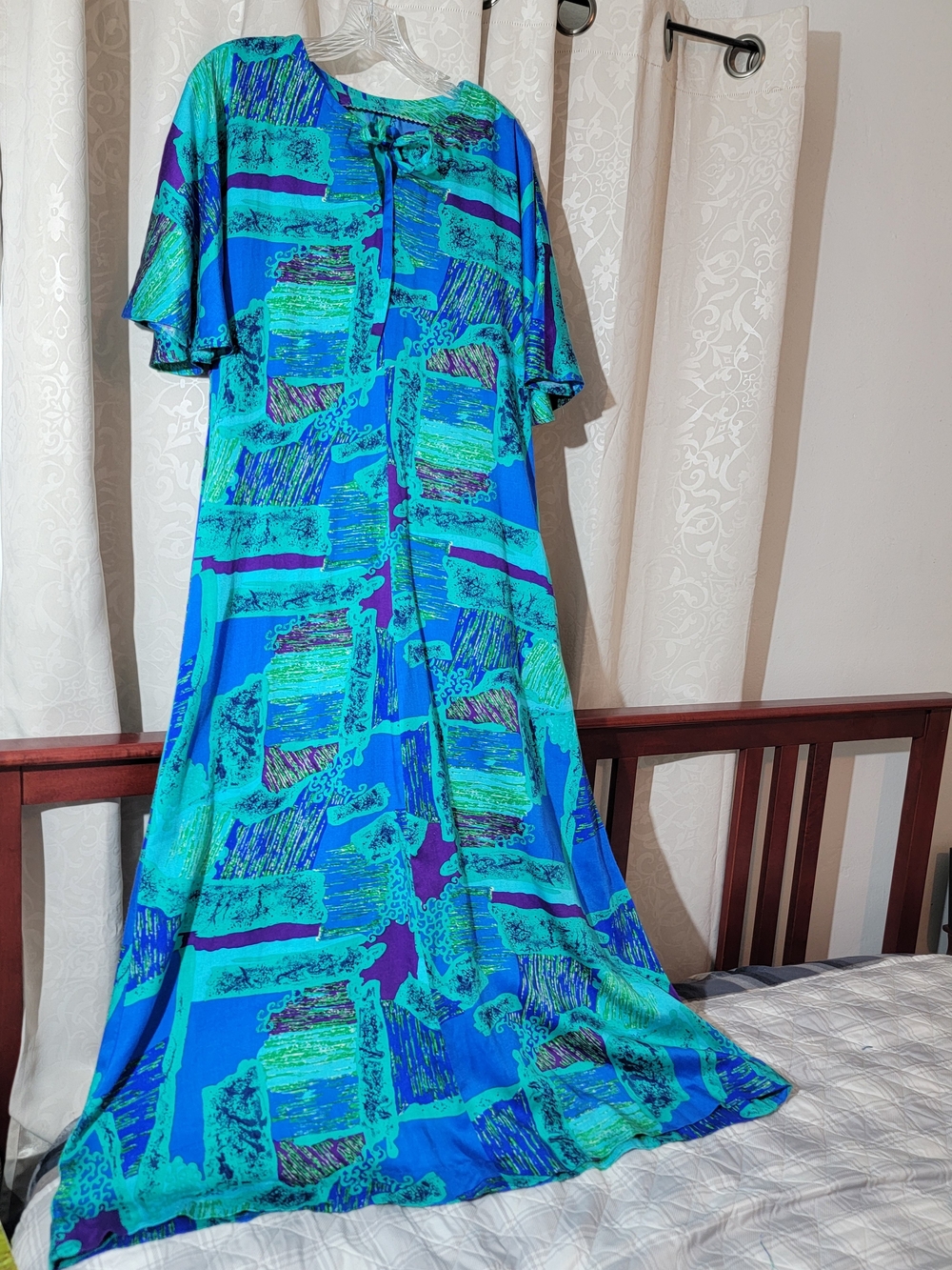 Vintage 1970 Vibrant Teal & Blue Abstract Maxi Dress